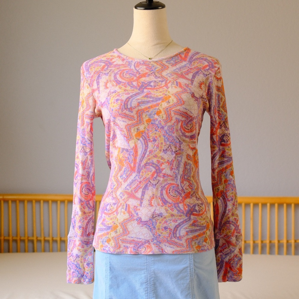 80s Abstract Print Long Sleeve Top – Retro Multicolor
